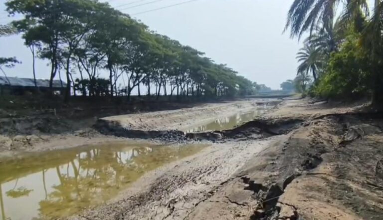 কলাপাড়ায় সরকারি খালের মাটি কেটে নেয়ায় ভেঙে পড়েছে পিচঢালা সড়ক