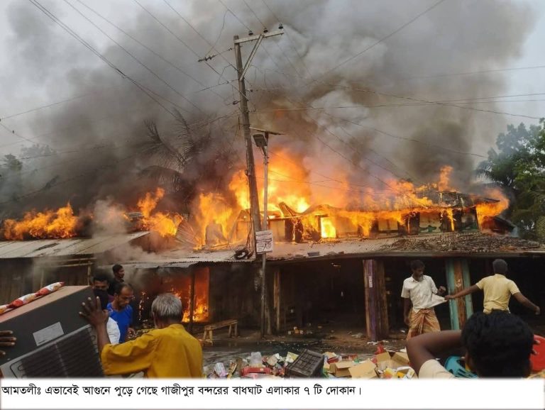 আমতলীতে আগুনে পুড়ে ৭ টি দোকান ছাই